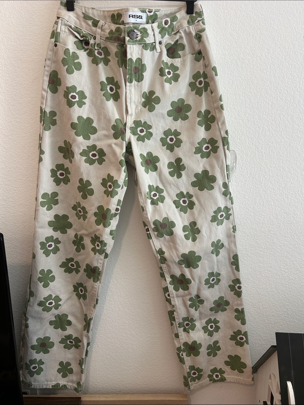 RSQ Women's Cream Jeans with Green Floral Print